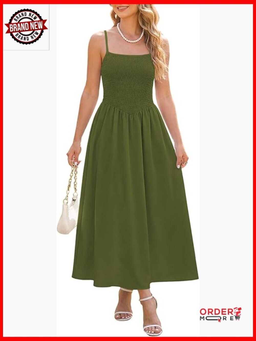 Smocked Spaghetti Strap Maxi Sundress Flowy A-Line Long Dress with Pockets